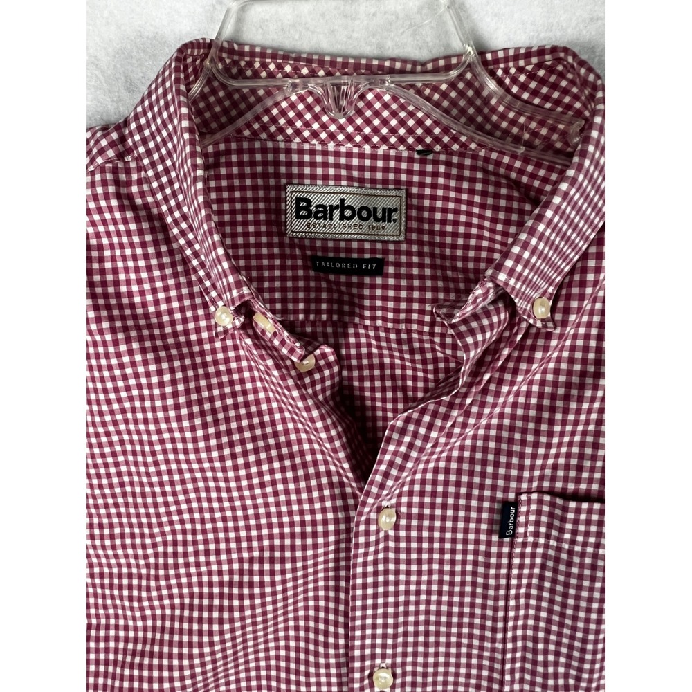 Barbour Mens Tailored Fit Gingham Button Down Shirt Burgundy L/S read*
